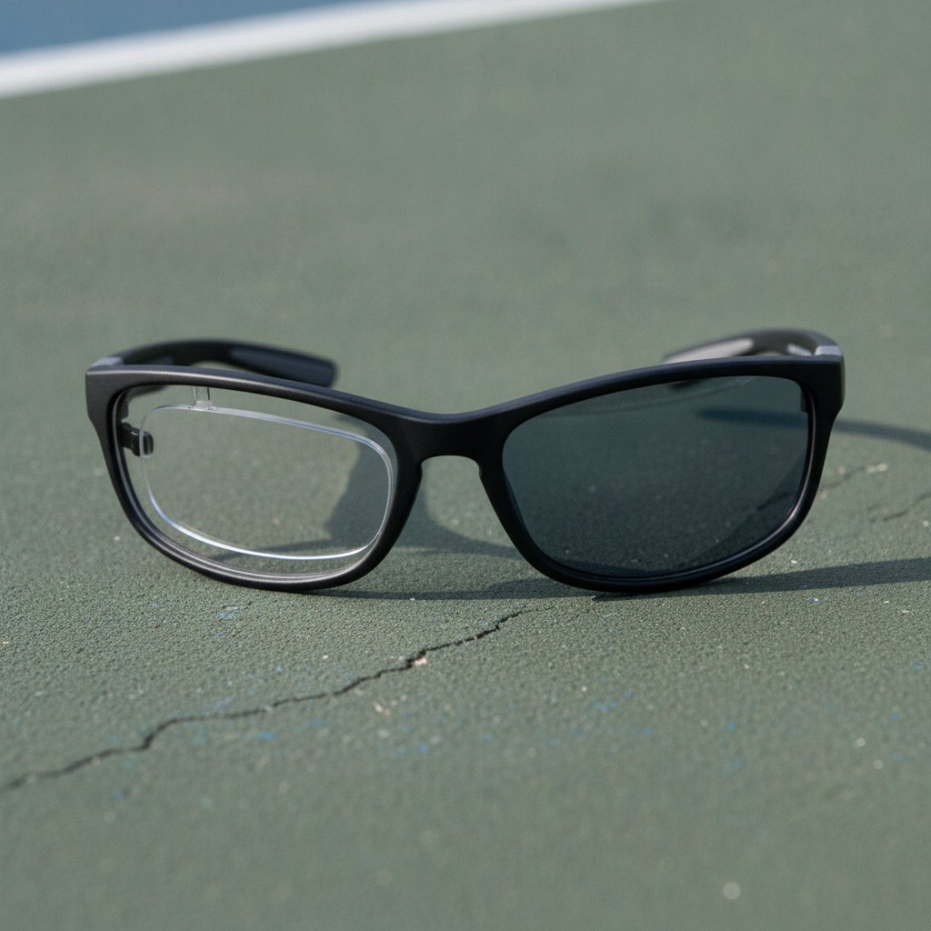 Sport wrap pickleball glasses frame showing removable prescription Rx insert tray mechanism on court surface