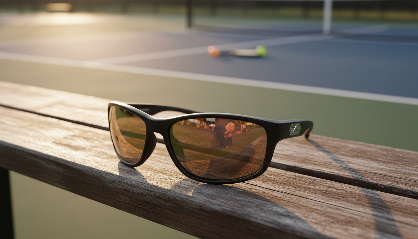 Premium sport sunglasses with audio speakers on a pickleball court bench at golden hour