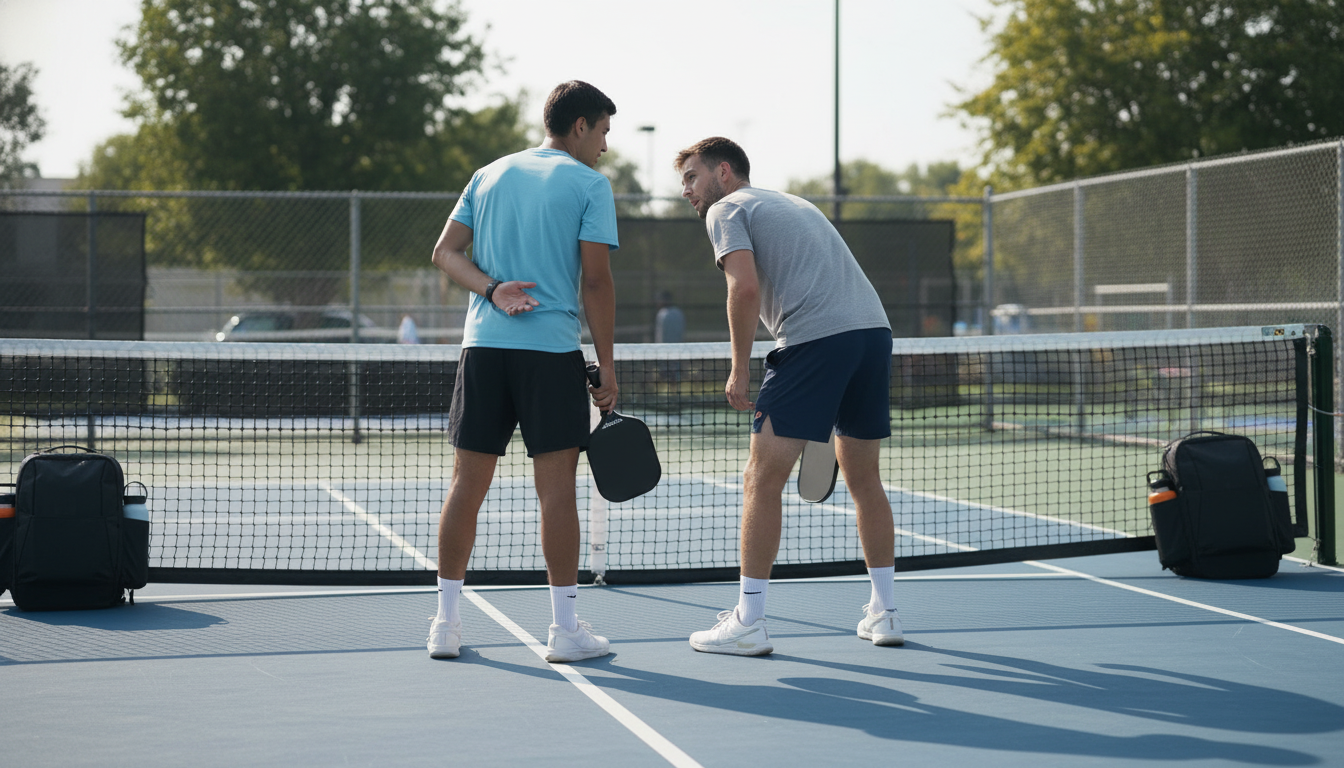 Pickleball doubles partners showing hand signal communication during a stacking formation — open palm signal at the non-volley zone