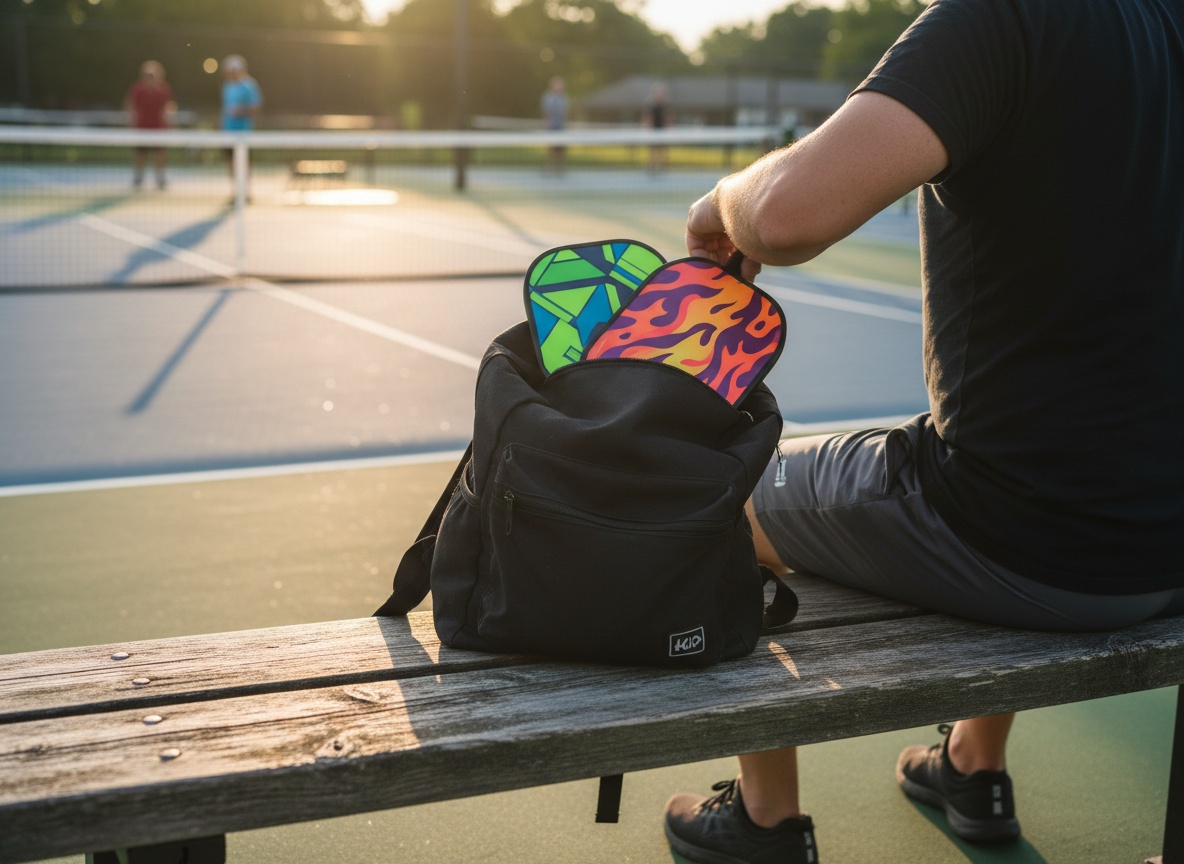 Pickleball player pulling paddles from a backpack at an outdoor court bench, casual recreational session