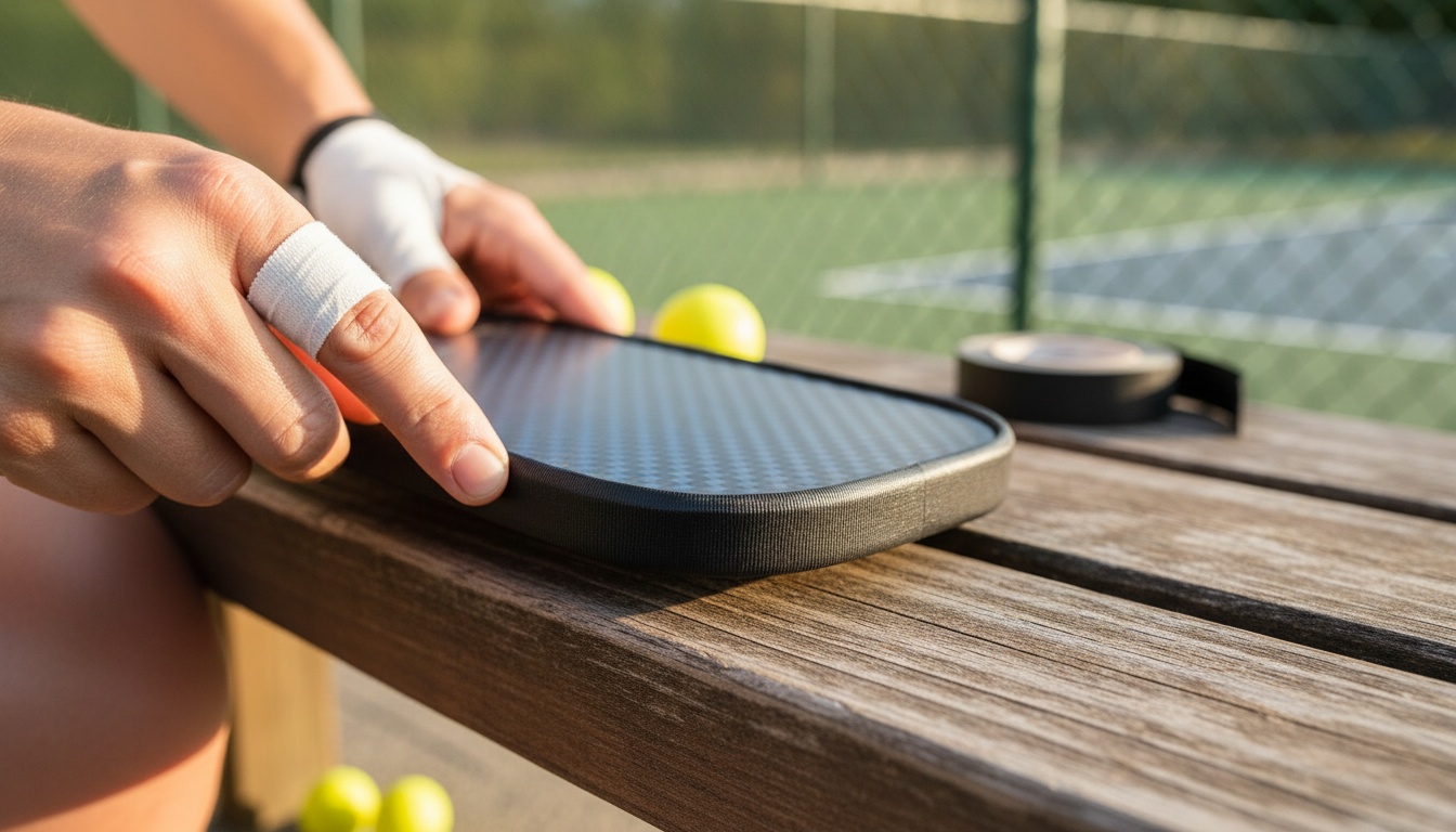 Player applying anti-vibration tape to pickleball paddle edge guard courtside