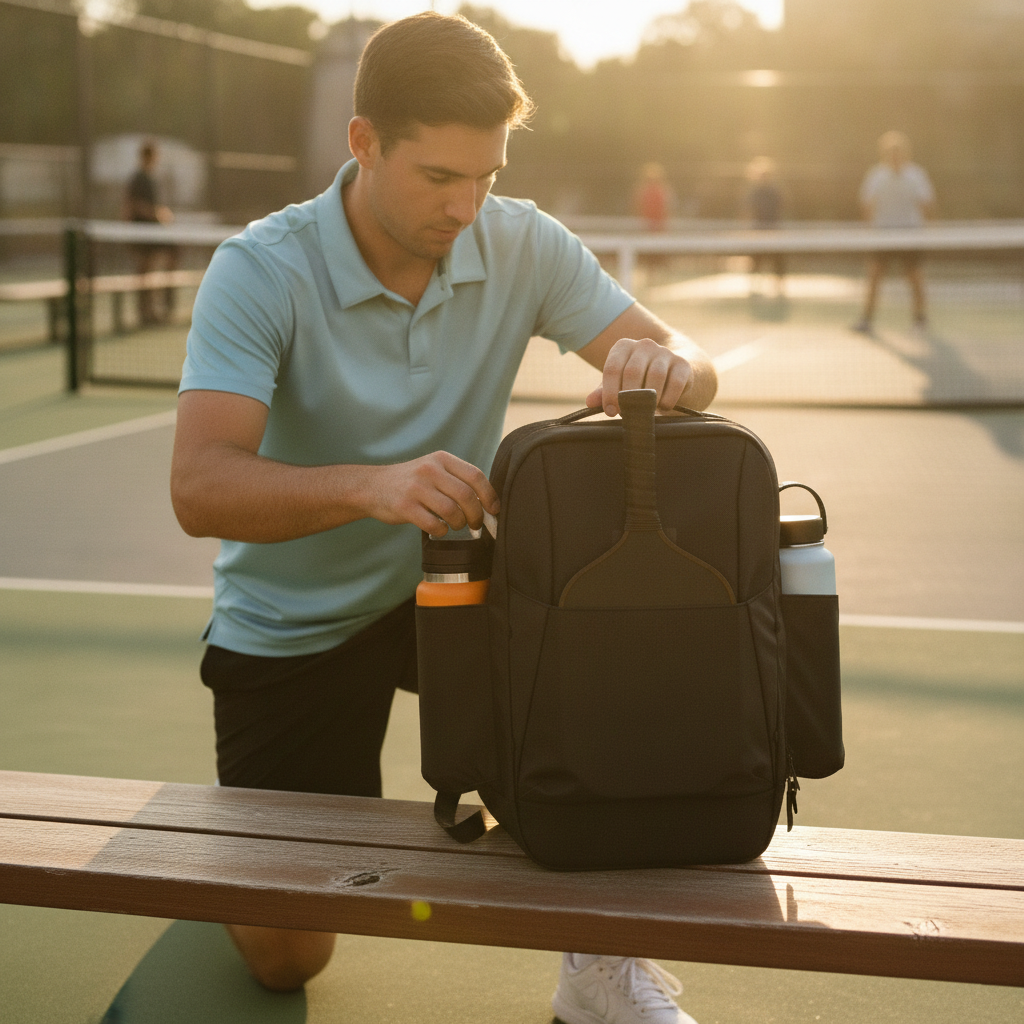 Player setting down a black backpack courtside before a pickleball match, outdoor court visible in background
