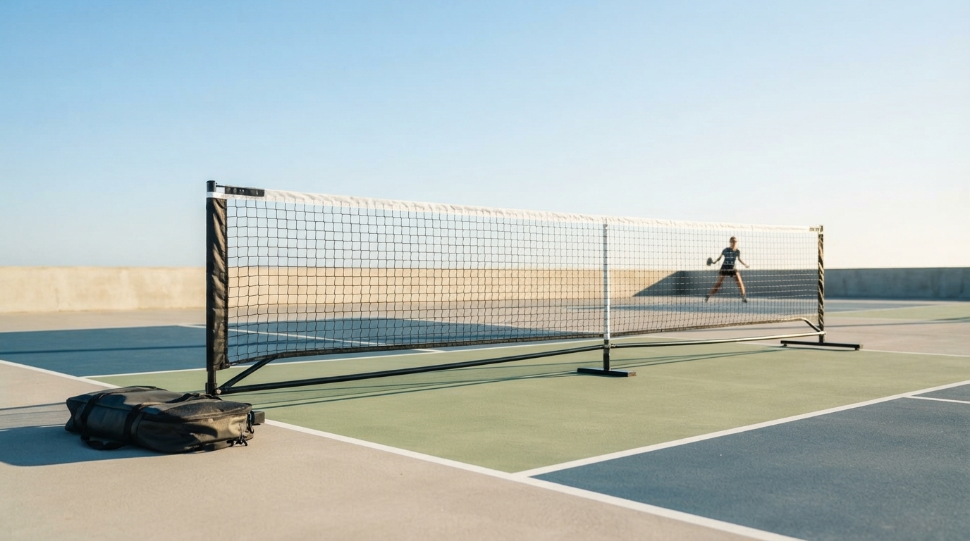 Portable pickleball net fully assembled on an outdoor court with a player silhouette in background