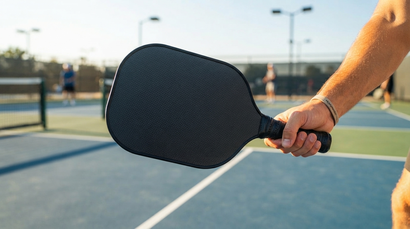 Pickleball player holding a carbon fiber paddle on an outdoor court in ready position