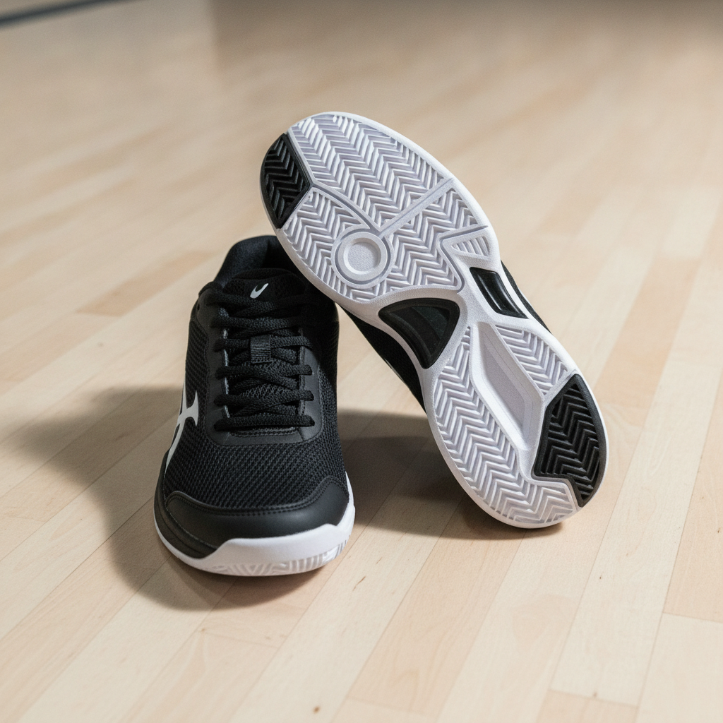 FILA Volley Zone pickleball shoes on indoor court showing sole detail and mesh upper