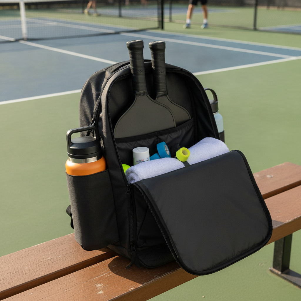 Packed pickleball tournament bag open on courtside bench with paddles, water bottle, and gear organized inside