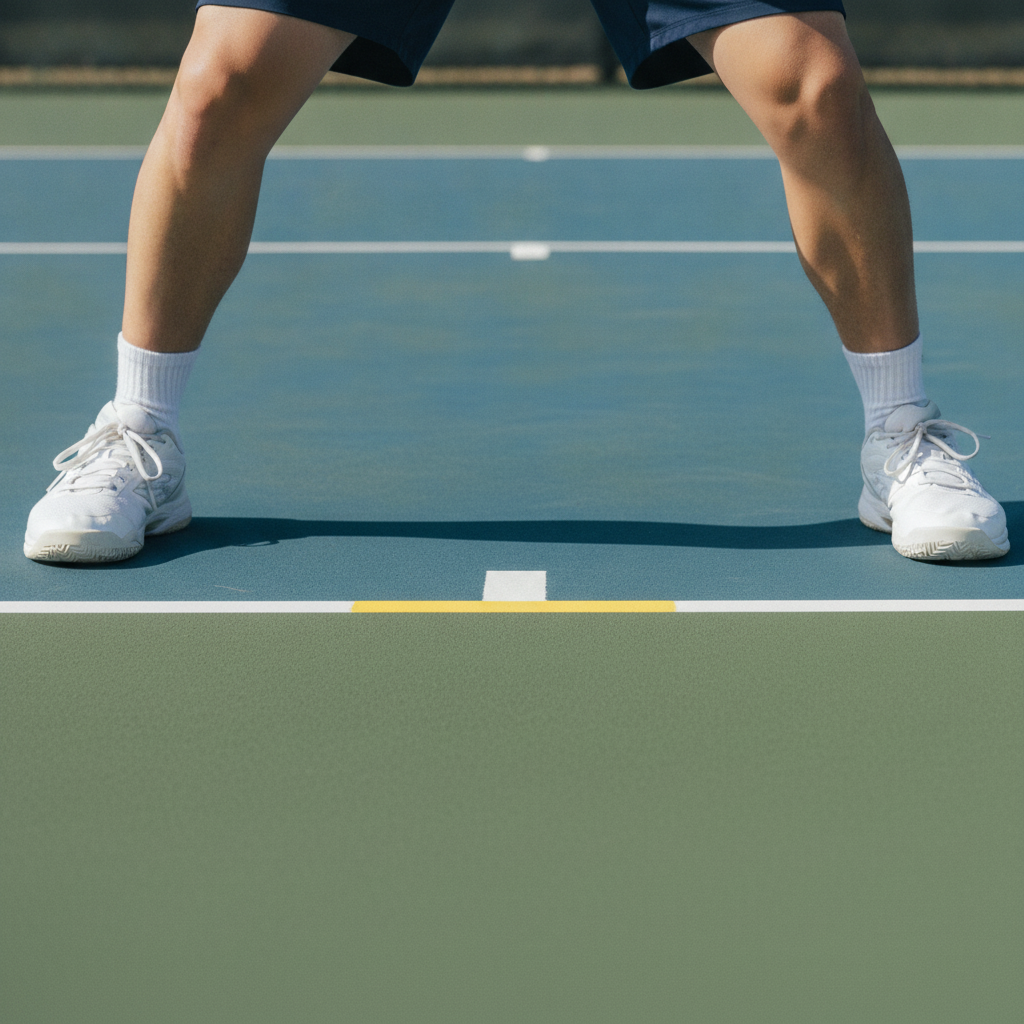 Pickleball player feet in athletic stance just behind the non-volley zone kitchen line on an outdoor court, showing proper foot placement for NVZ play