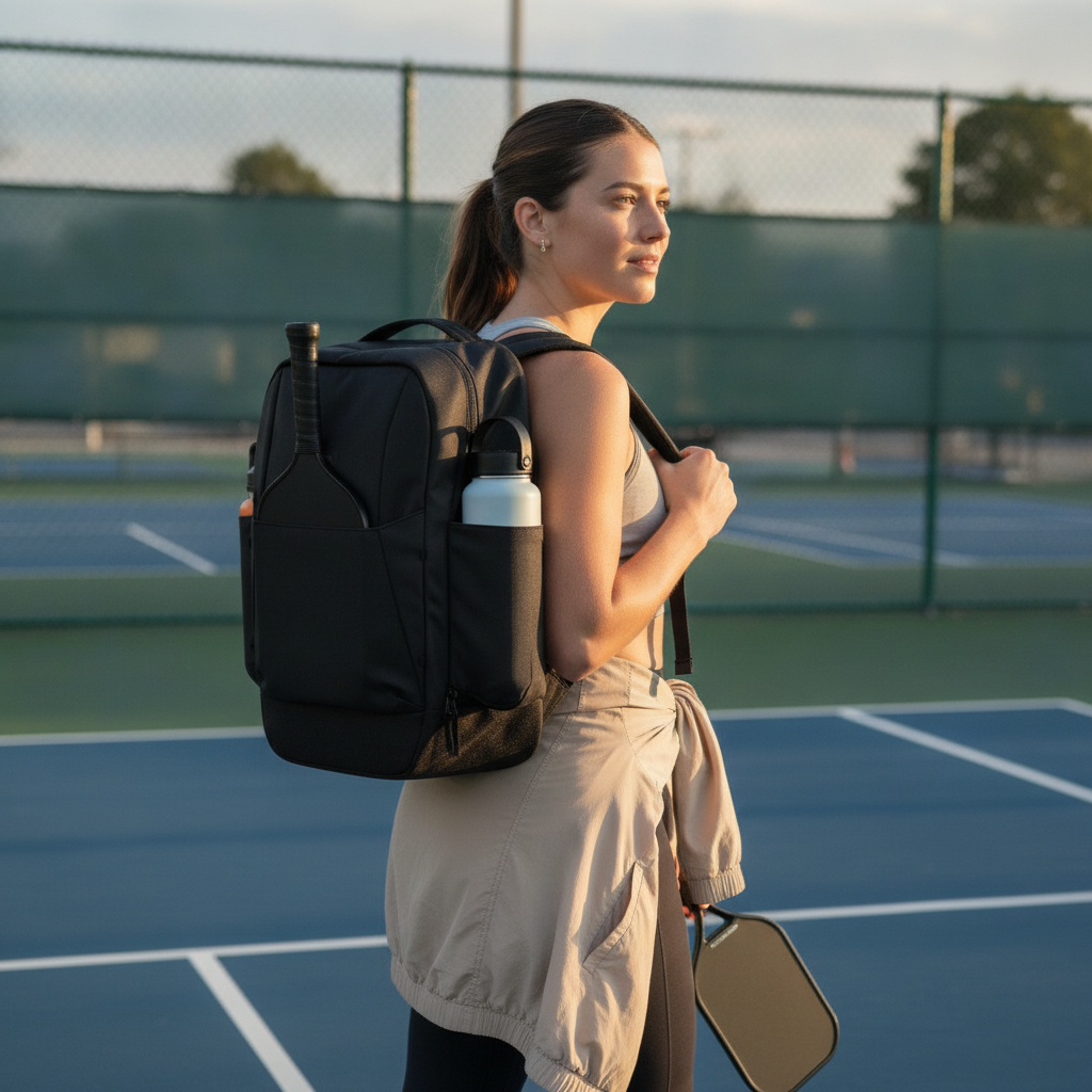 Pickleball player at outdoor court with FORWRD bag over shoulder at golden hour
