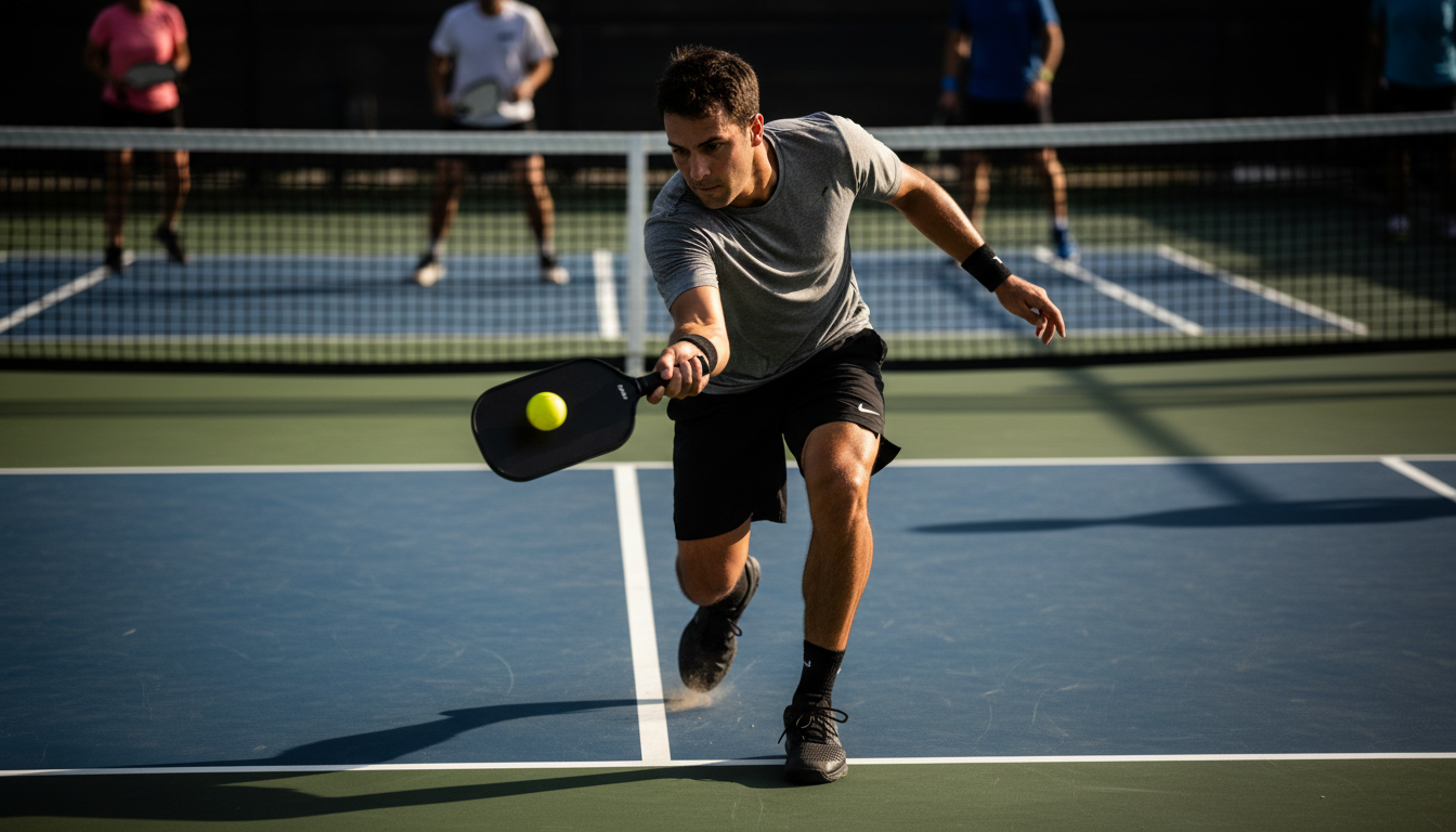 Player at kitchen line with elongated pickleball paddle, fast exchange near net, outdoor court