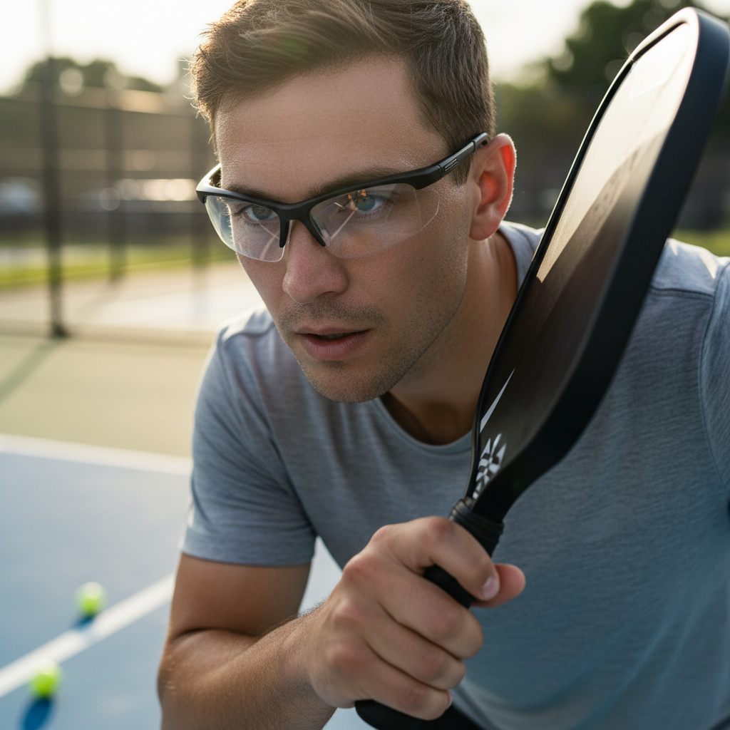 Pickleball player at the kitchen line wearing slim protective eyewear, sunny outdoor court showing natural light and glare-protection context
