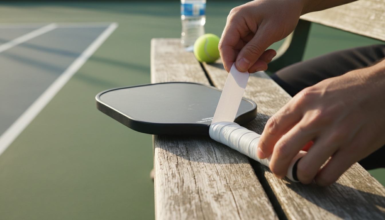 Hands wrapping fresh grip tape onto a pickleball paddle handle on a courtside bench