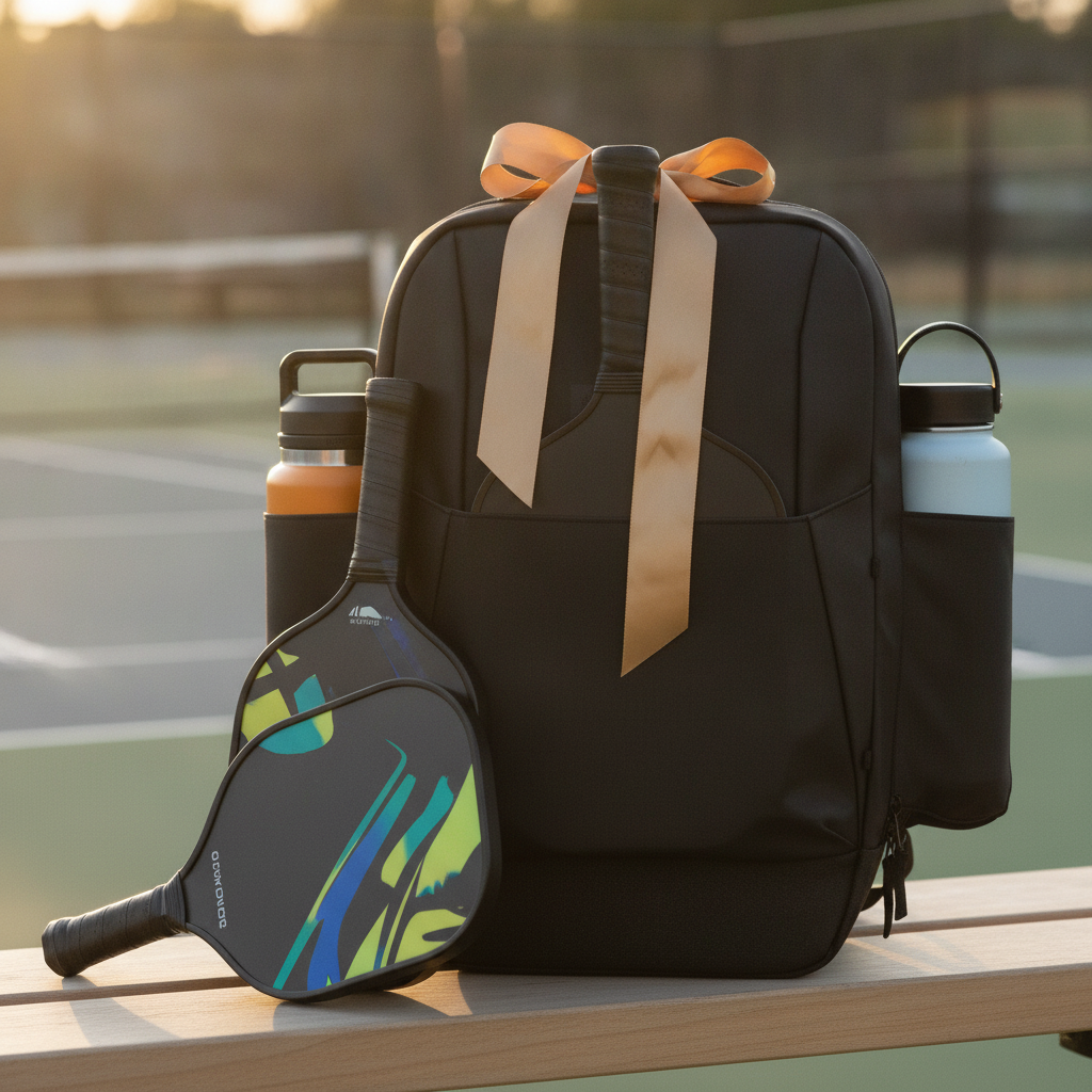 Premium pickleball bag on a courtside bench with ribbon — the perfect anniversary gift reveal