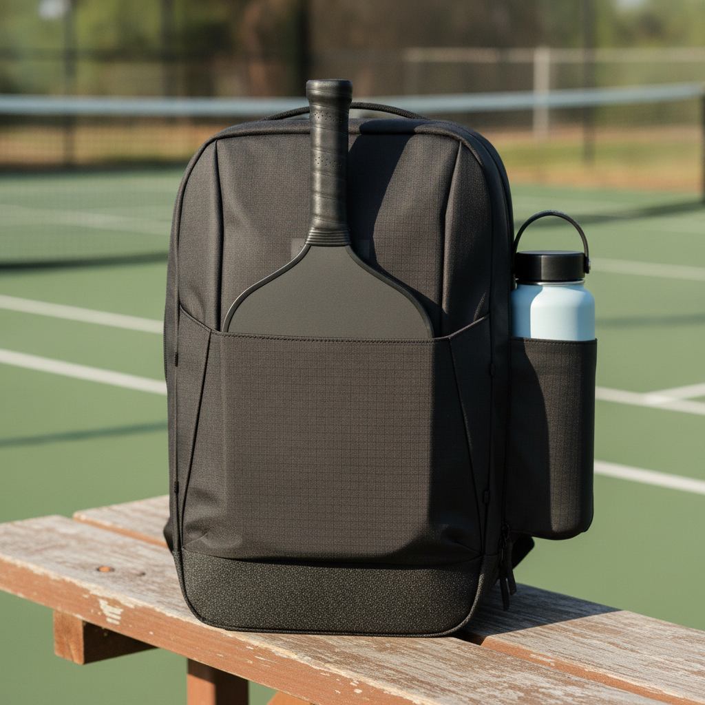 Large pickleball backpack on outdoor court bench with paddles and water bottle