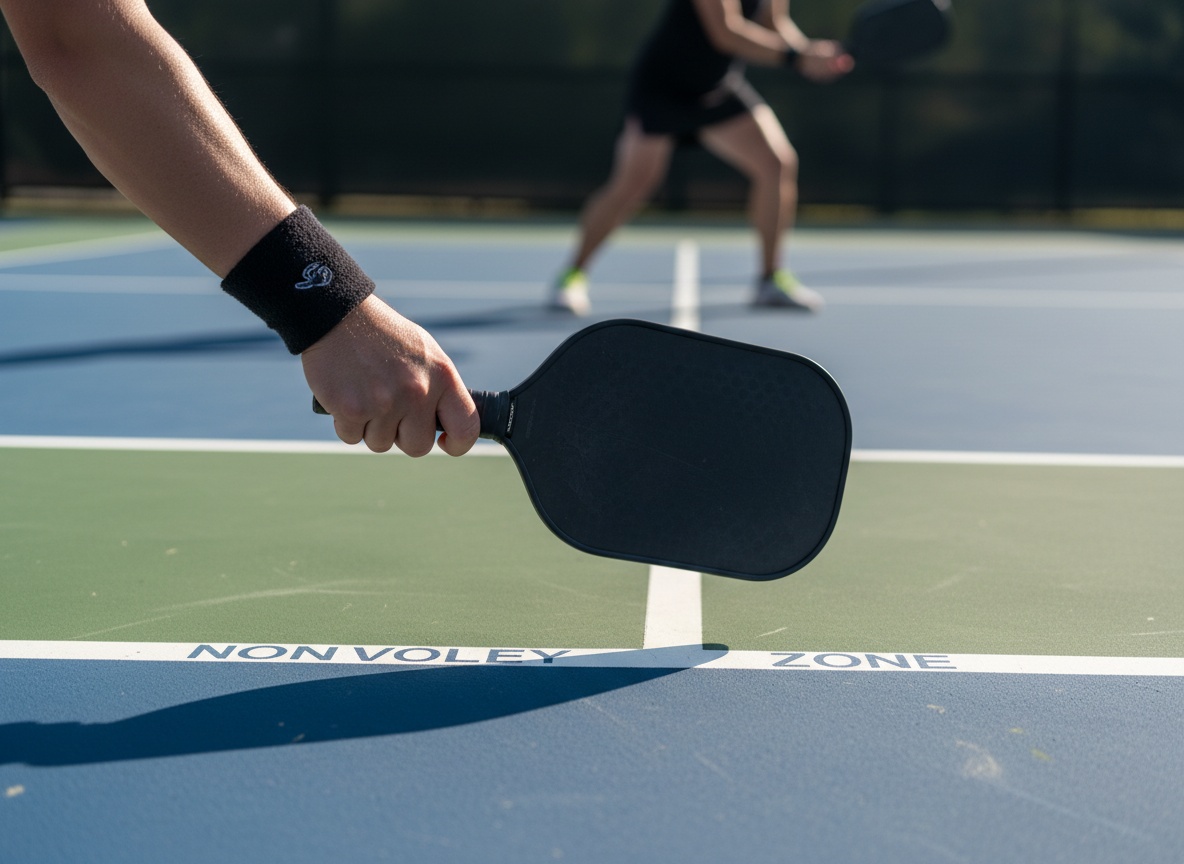 Pickleball player at the kitchen line during a competitive match on outdoor hard court