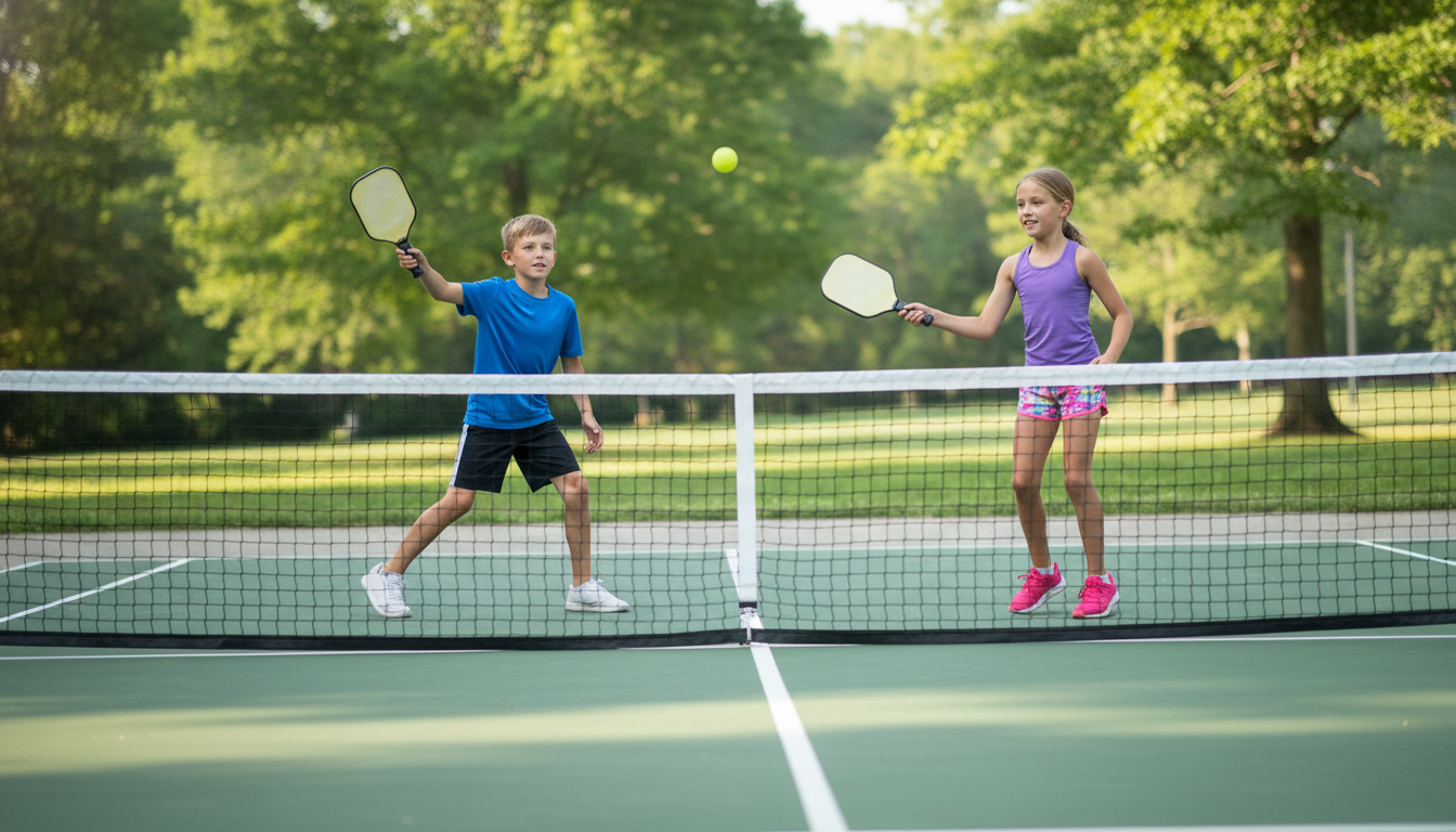 Two kids playing pickleball on an outdoor court during a summer youth league