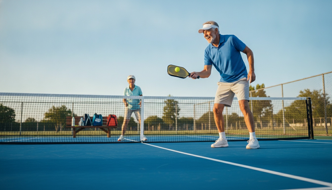 Senior pickleball players enjoying a doubles match on an outdoor court in morning light