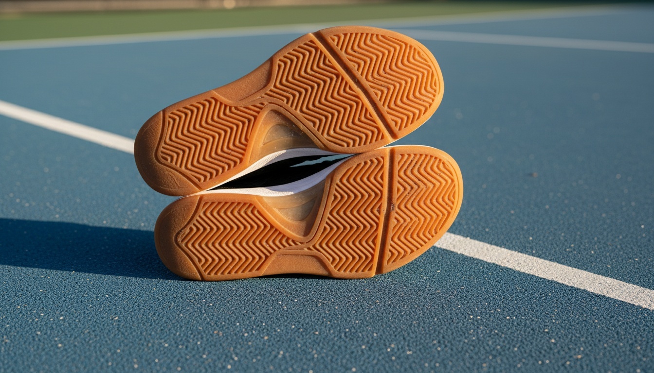 Athletic court shoes on a blue outdoor pickleball court showing herringbone traction pattern