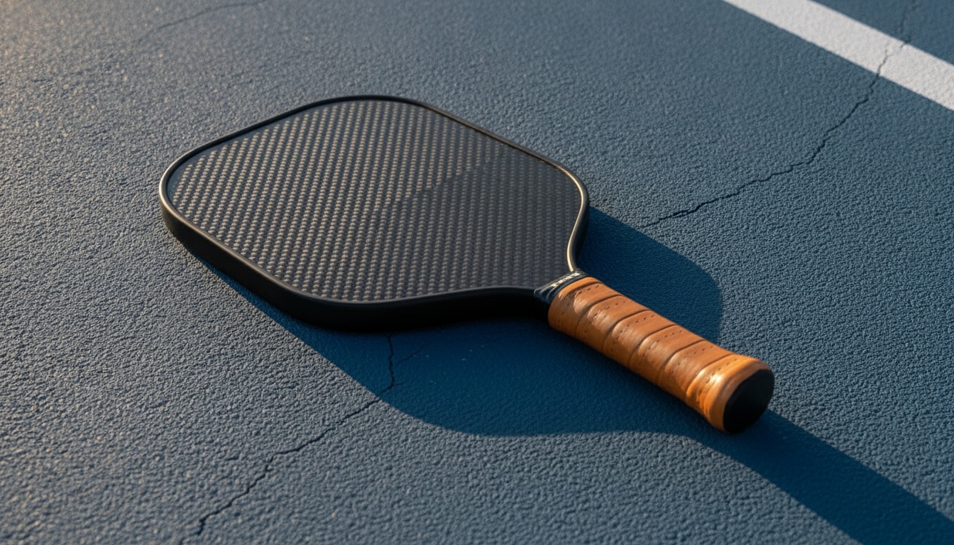 Premium pickleball paddle with textured carbon fiber face on outdoor blue court surface, golden afternoon light