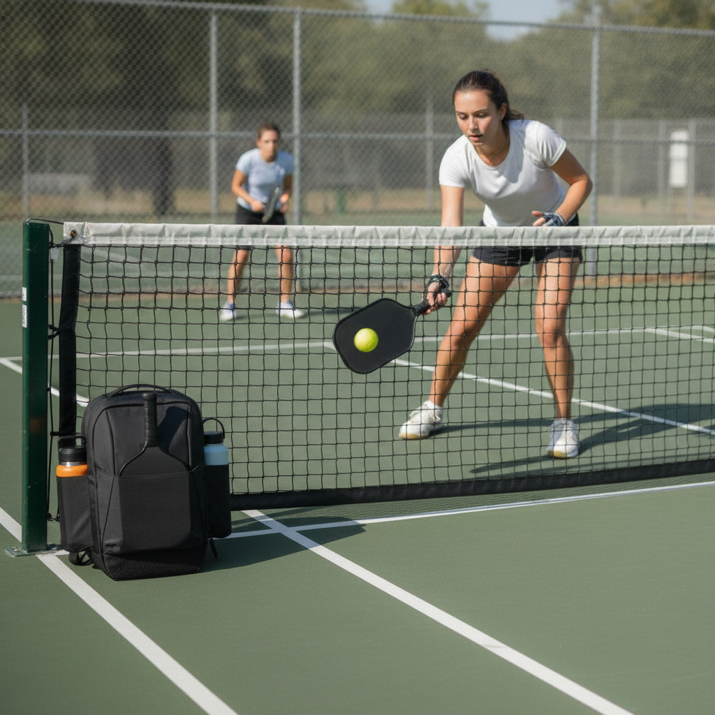 Pickleball player at kitchen line dinking — Selkirk LUXX InfiniGrit Epic review