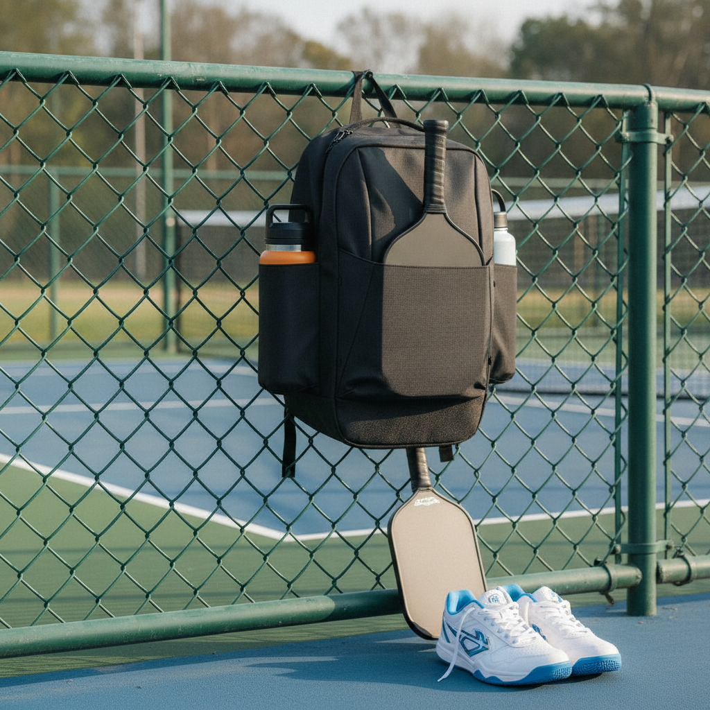 FORWRD Court Ranger V2 black backpack hanging on outdoor pickleball court fence