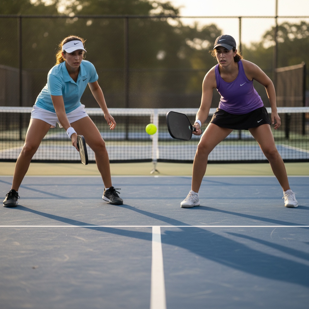 Two pickleball players in a dinking exchange at the NVZ line on a blue and green outdoor court