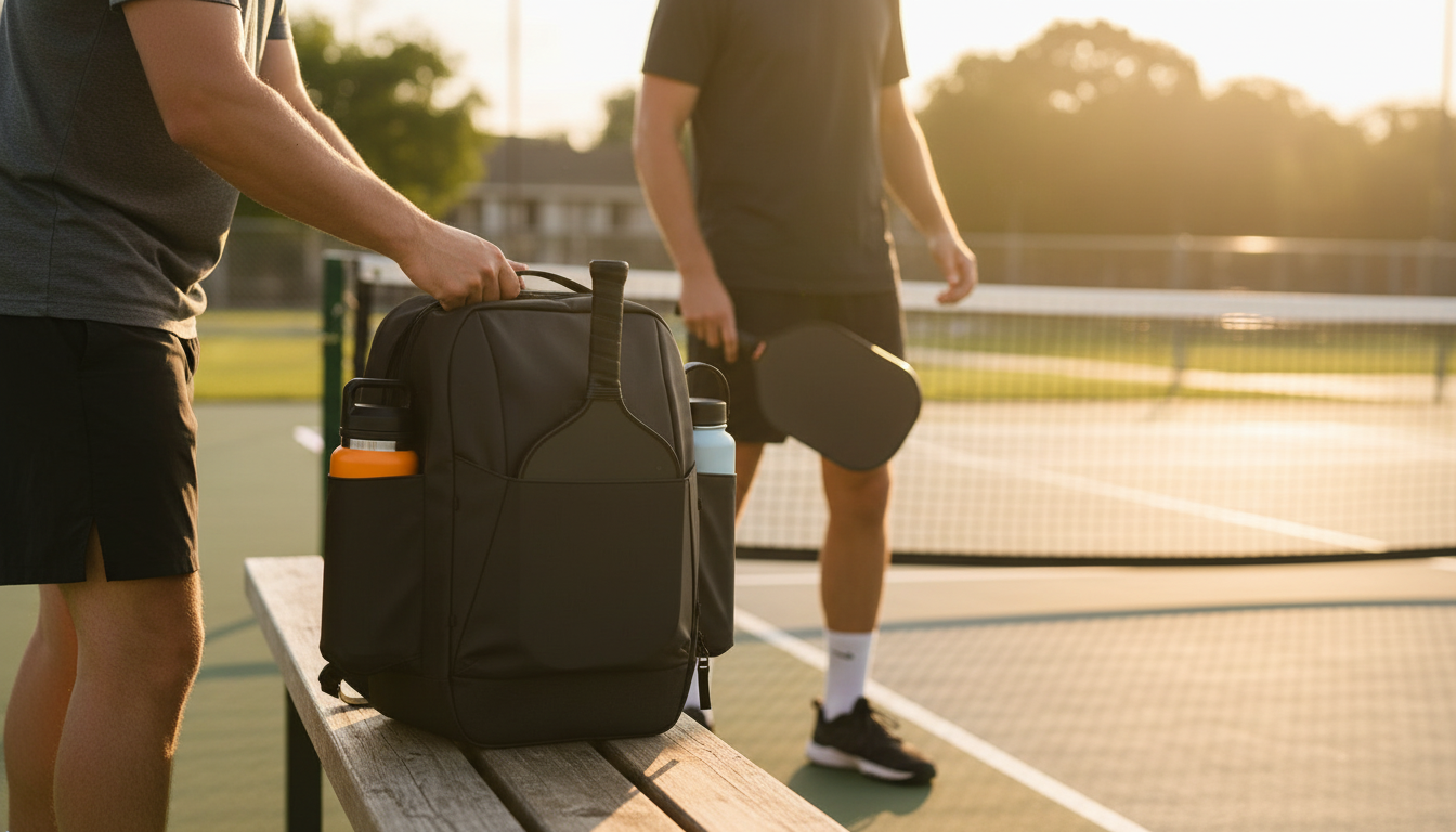 Pickleball bag on outdoor court bench during afternoon golden hour session