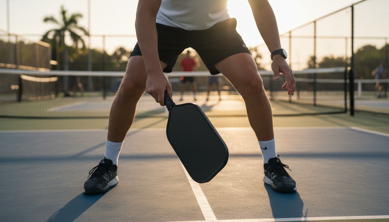 Pickleball player at the kitchen line in ready position on outdoor court — control and dink game focus