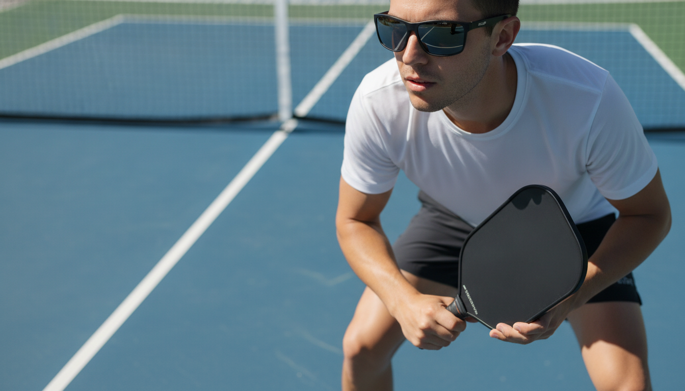 Player wearing ONIX Falcon pickleball eyewear on outdoor court — sunny conditions, kitchen line
