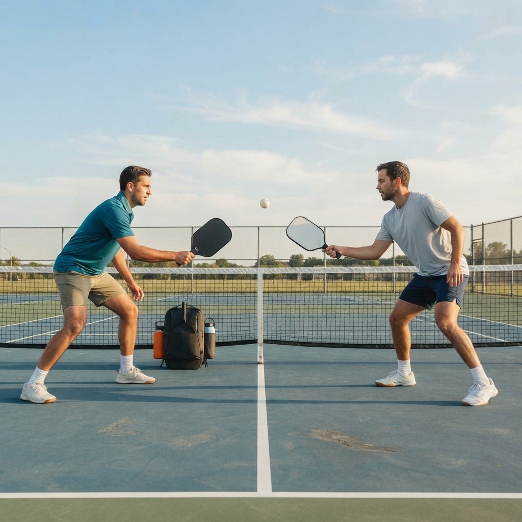 Two pickleball players at the kitchen line on an outdoor park court with open sky, mid-rally