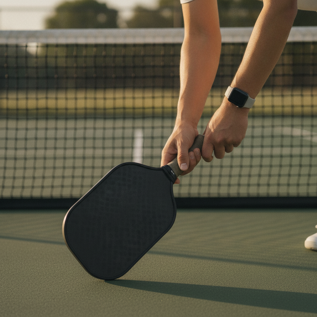 Pickleball player at the kitchen line ready to dink with paddle