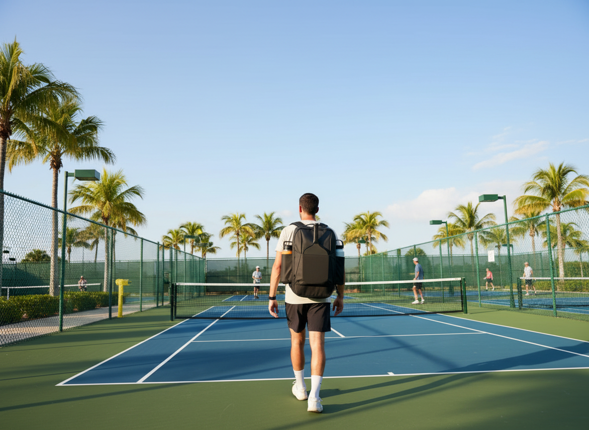 Player walking toward outdoor pickleball courts with backpack over shoulder on sunny day