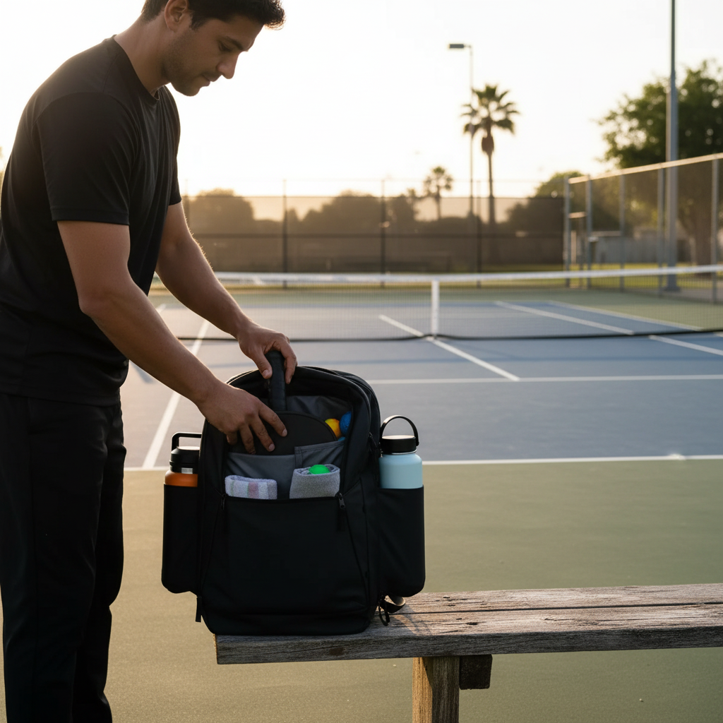 Competitive pickleball player hitting a dink shot at the kitchen line with a carbon fiber paddle