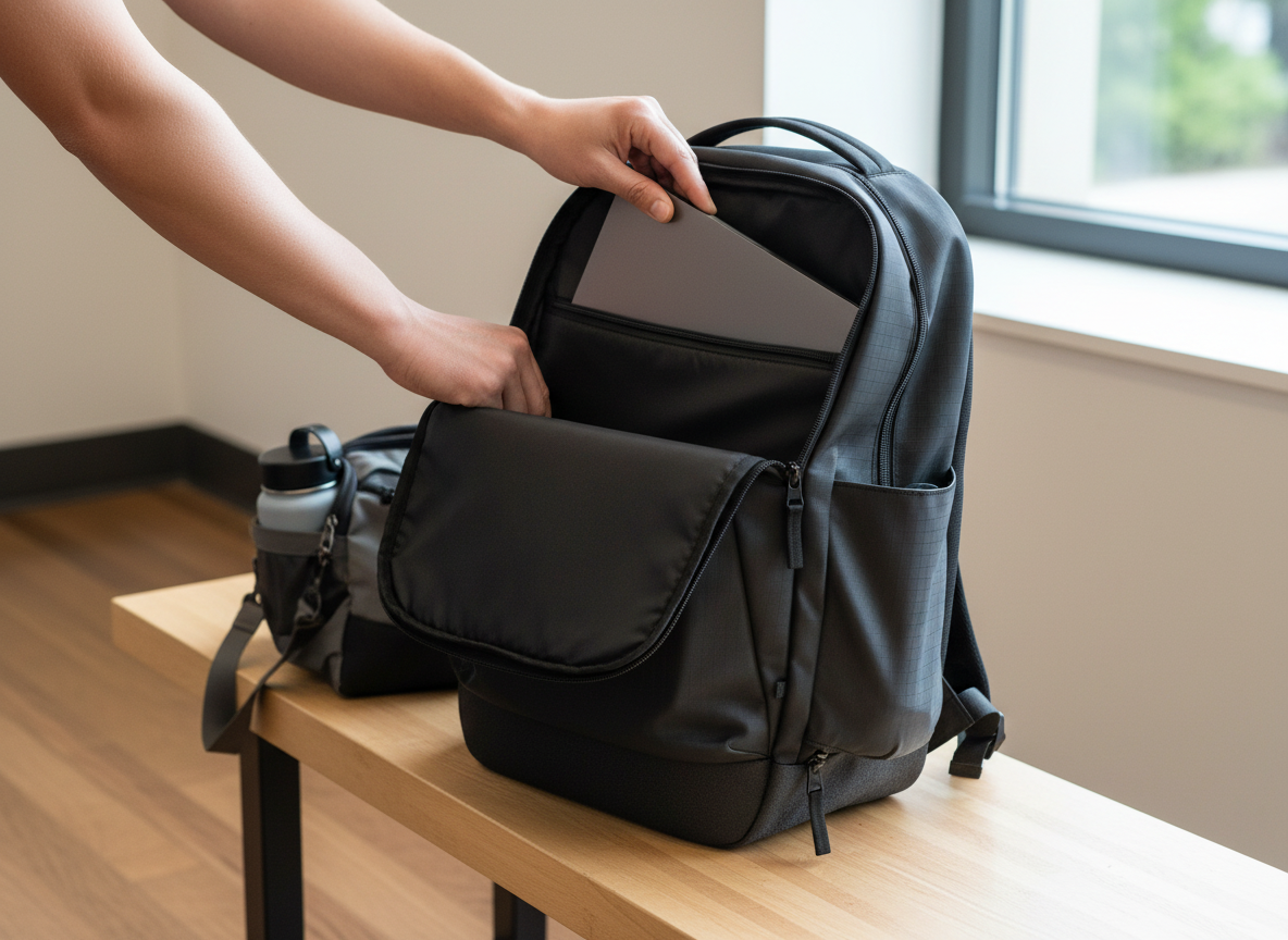 FORWRD Court Caddy with 15-inch laptop being loaded into padded sleeve compartment