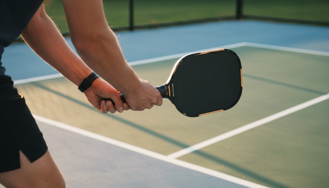 Pickleball player at the kitchen line gripping paddle ready position, outdoor court golden hour