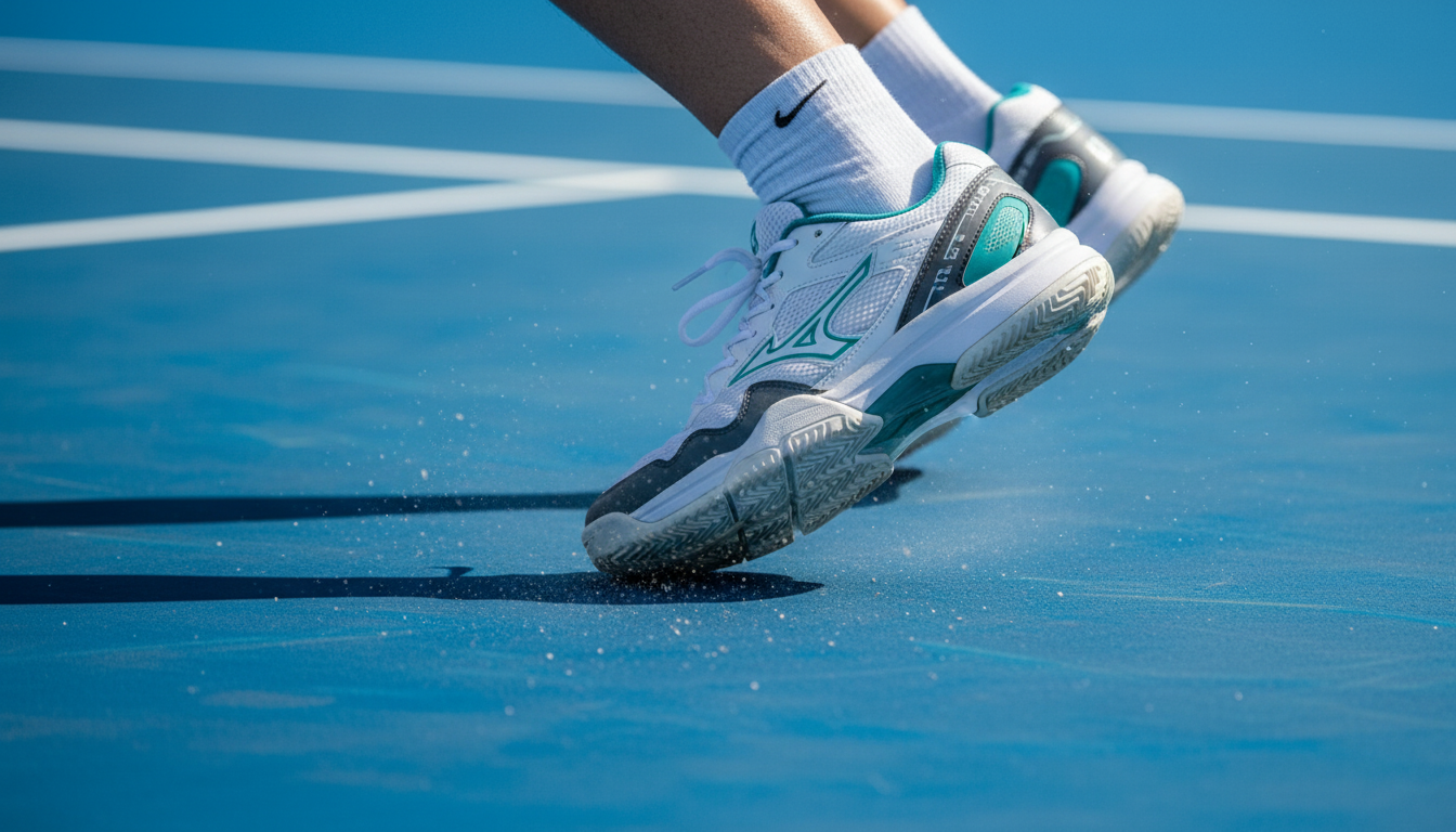 Player making a sharp lateral cut at the kitchen line in pickleball court shoes