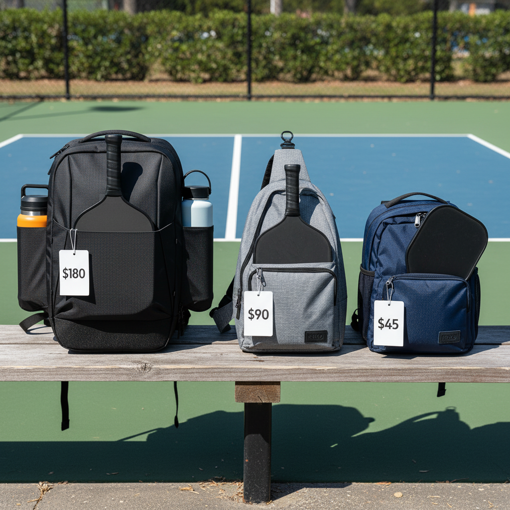 Three pickleball bags compared side by side on court bench — showing size and quality differences across price points