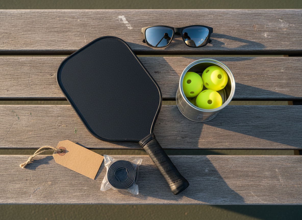 Men's pickleball gifts flat-lay — paddle, balls, glasses, and overgrip on a court bench