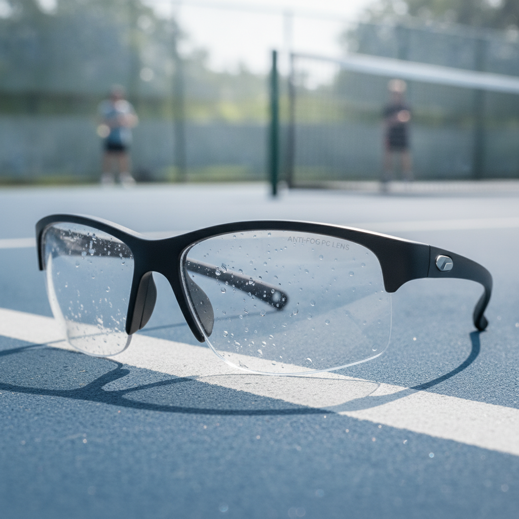 Pickleball protective eyewear close-up showing polycarbonate lens clarity and adjustable slim frame design for narrow face profiles
