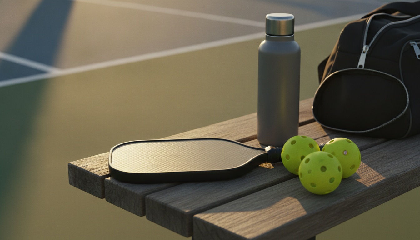Premium pickleball paddle and balls on courtside bench at golden hour
