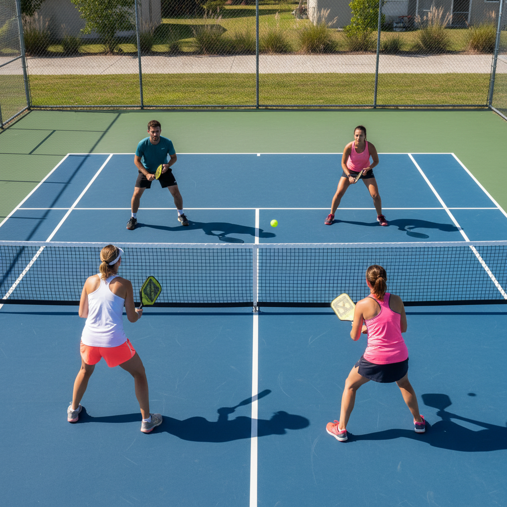 Overhead view of a pickleball mixed doubles match showing split-court positioning — both pairs at the non-volley zone, one team in side-by-side formation