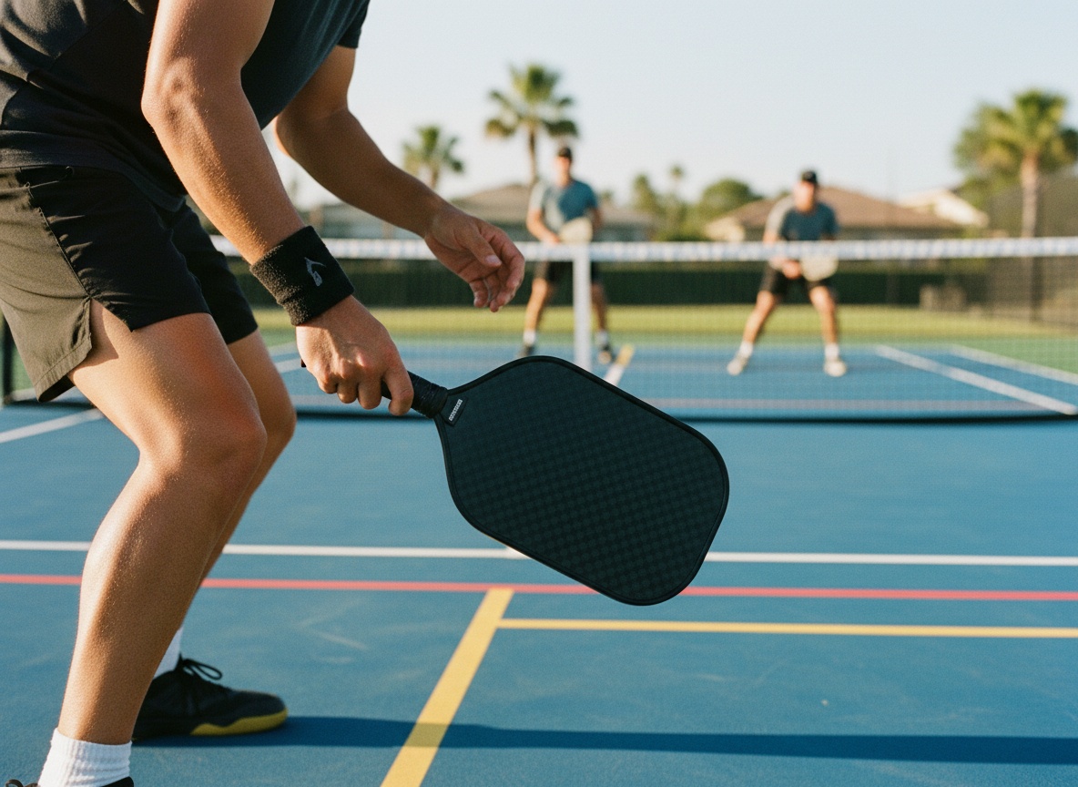 Player at kitchen line in fast doubles exchange, paddle in ready position