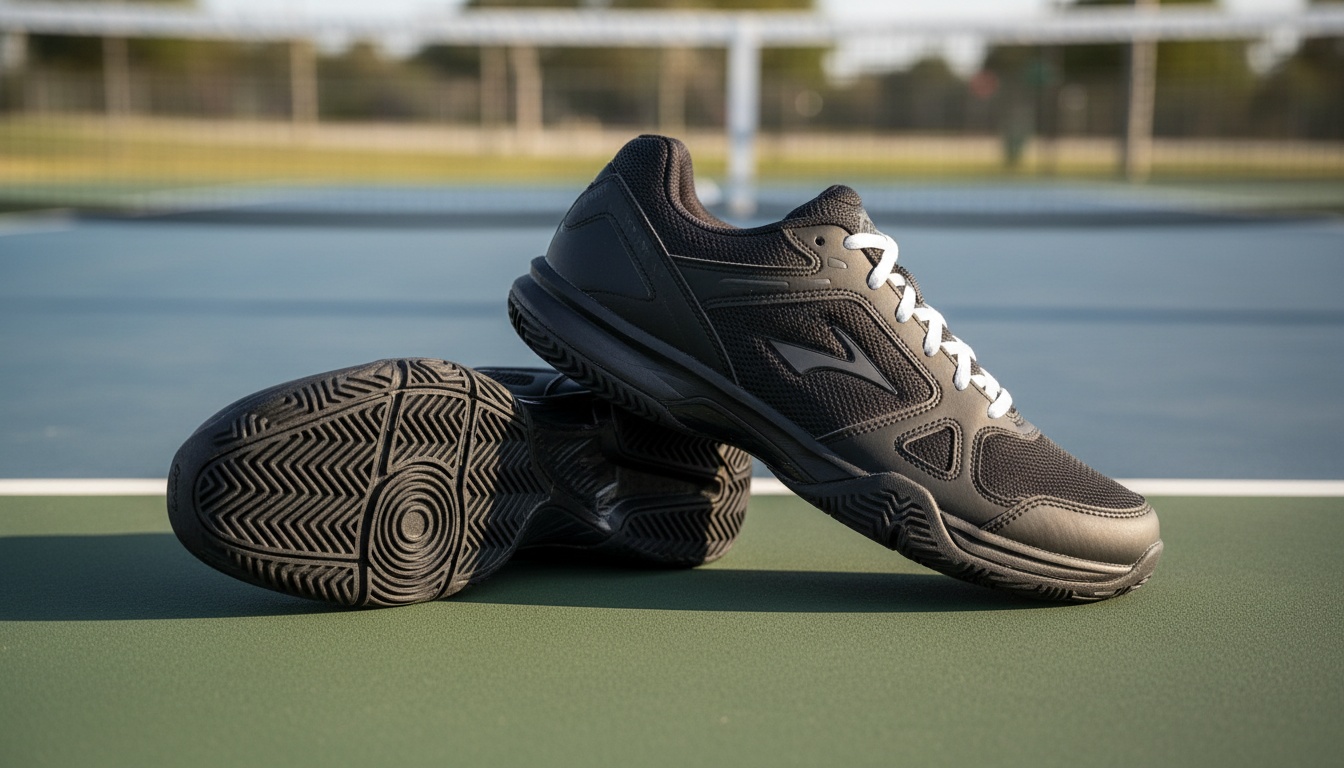 Black court shoes on an outdoor pickleball court surface — side profile showing tread and midsole design