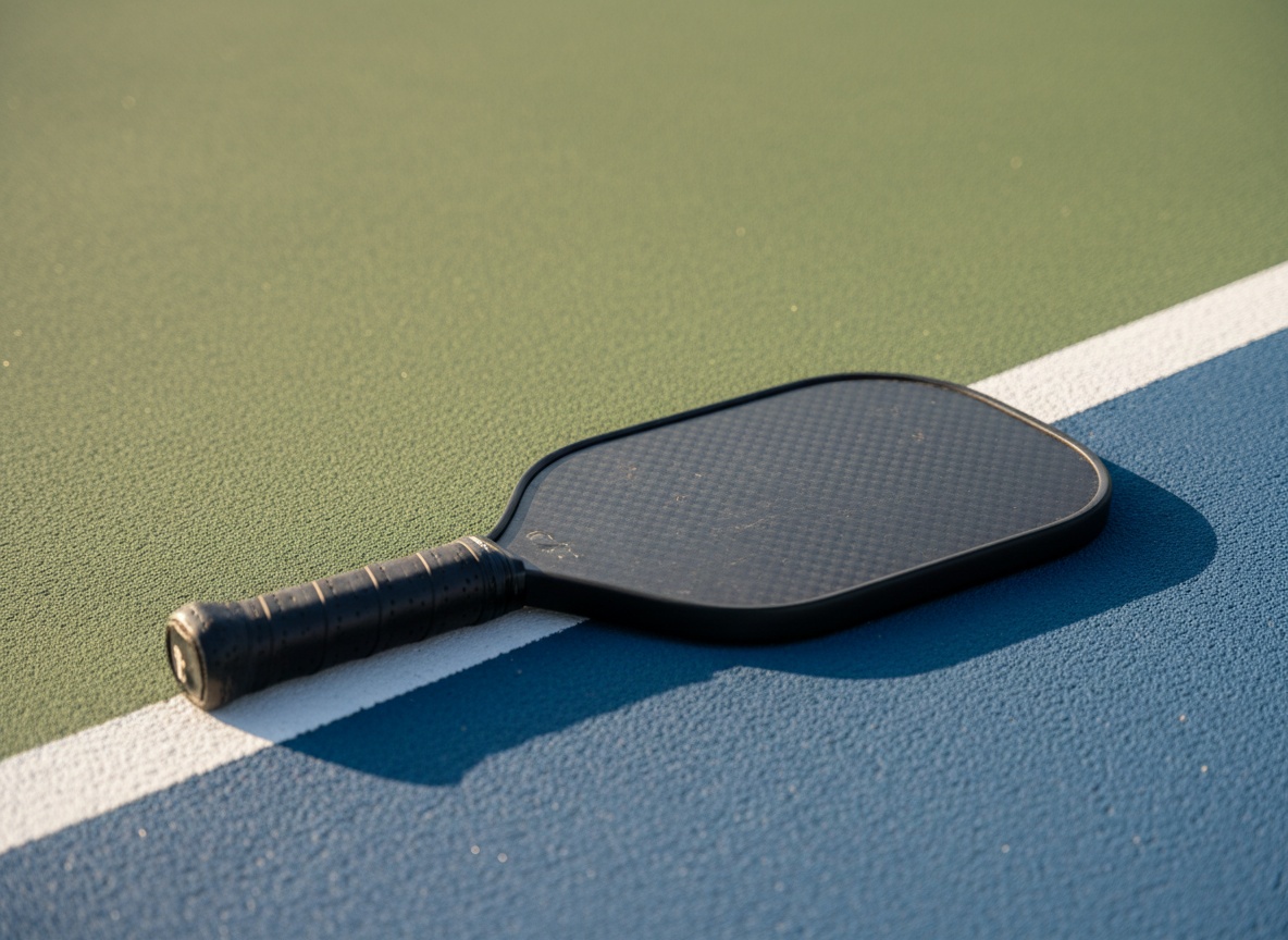 Elongated pickleball paddle lying on outdoor court surface near kitchen line, paddle face texture visible in afternoon light