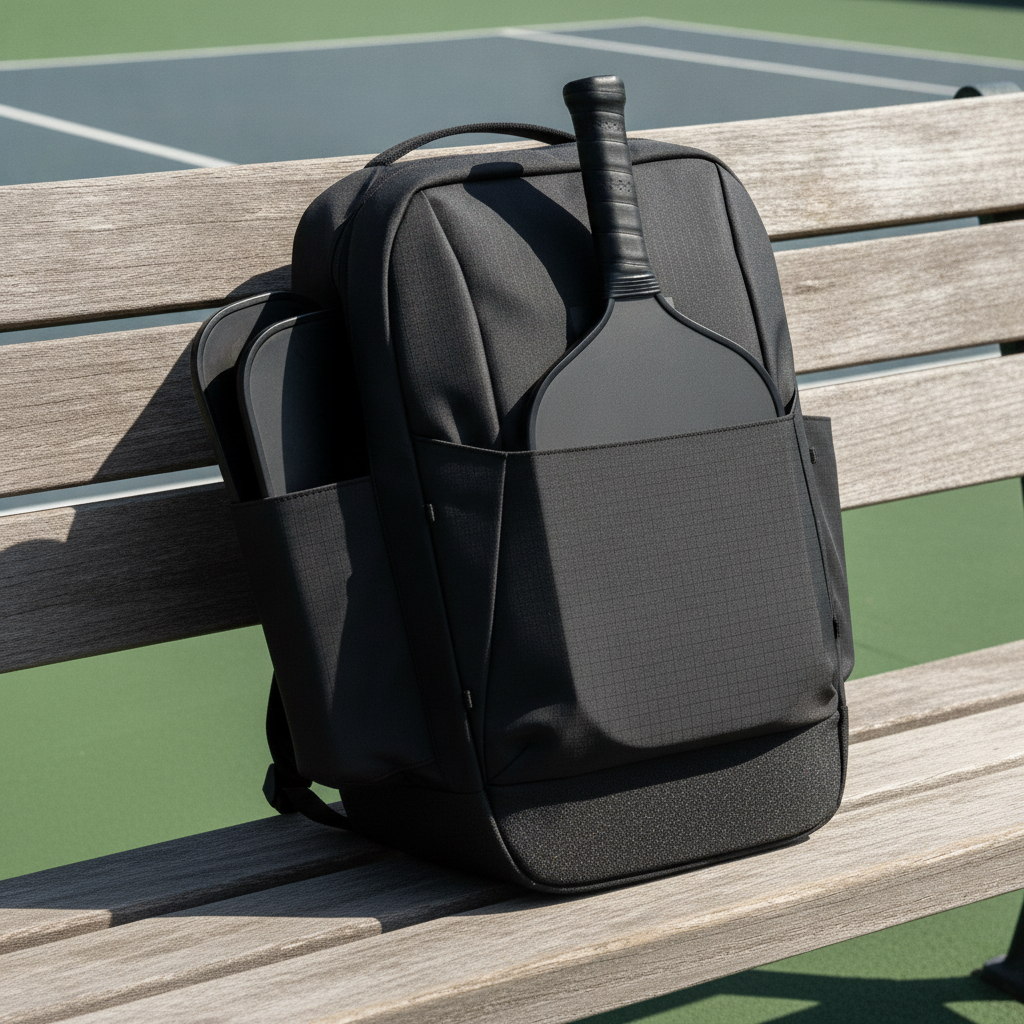 Selkirk Core Series Team Backpack on outdoor pickleball court bench