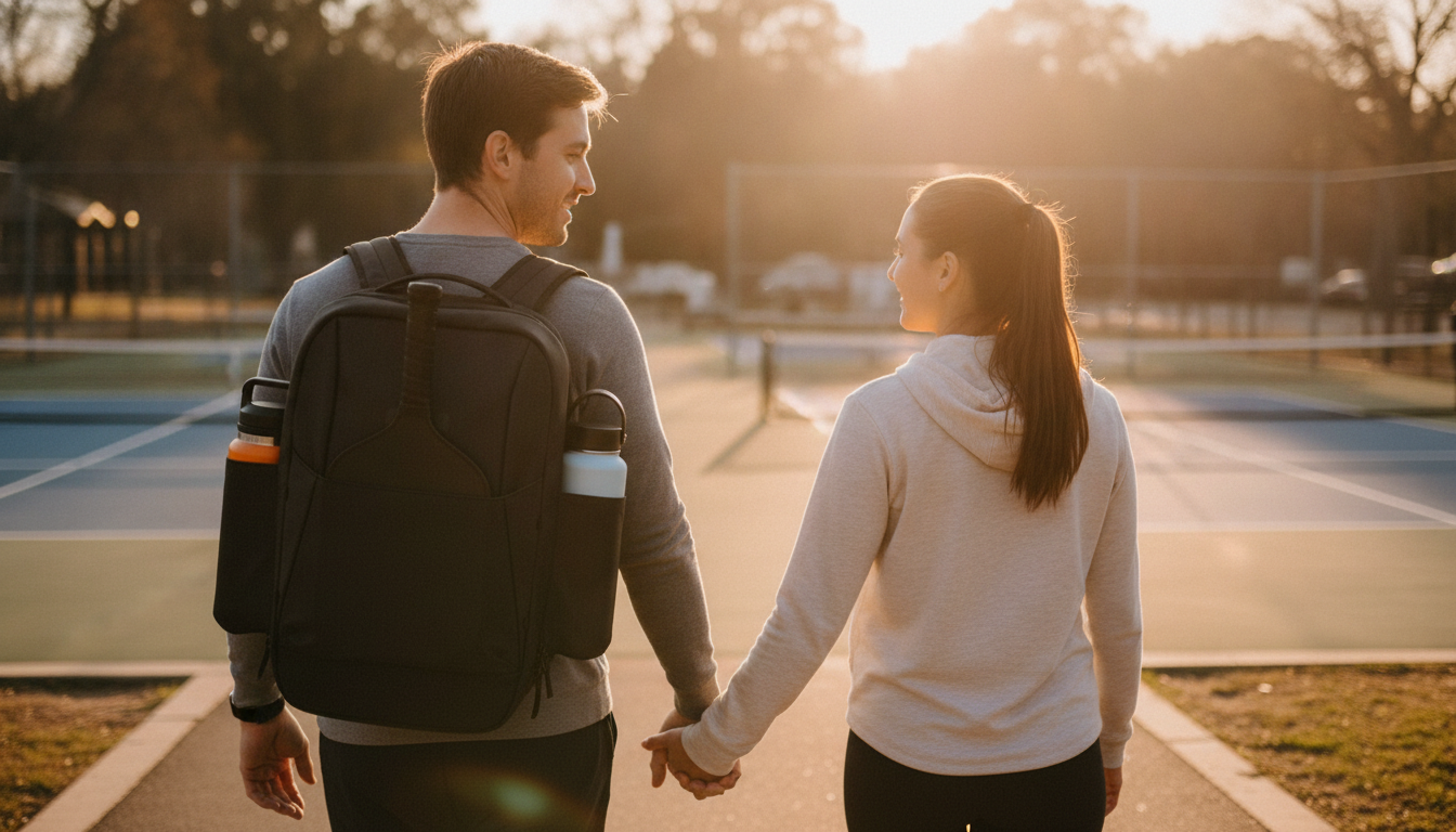 Couple heading to the pickleball court at golden hour carrying a FORWRD bag — anniversary gift idea