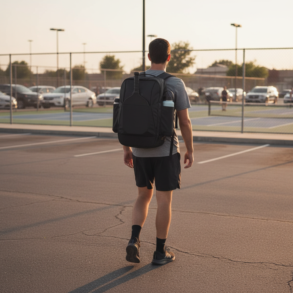 Player walking toward outdoor pickleball courts with a dark backpack — work-to-court commuter lifestyle