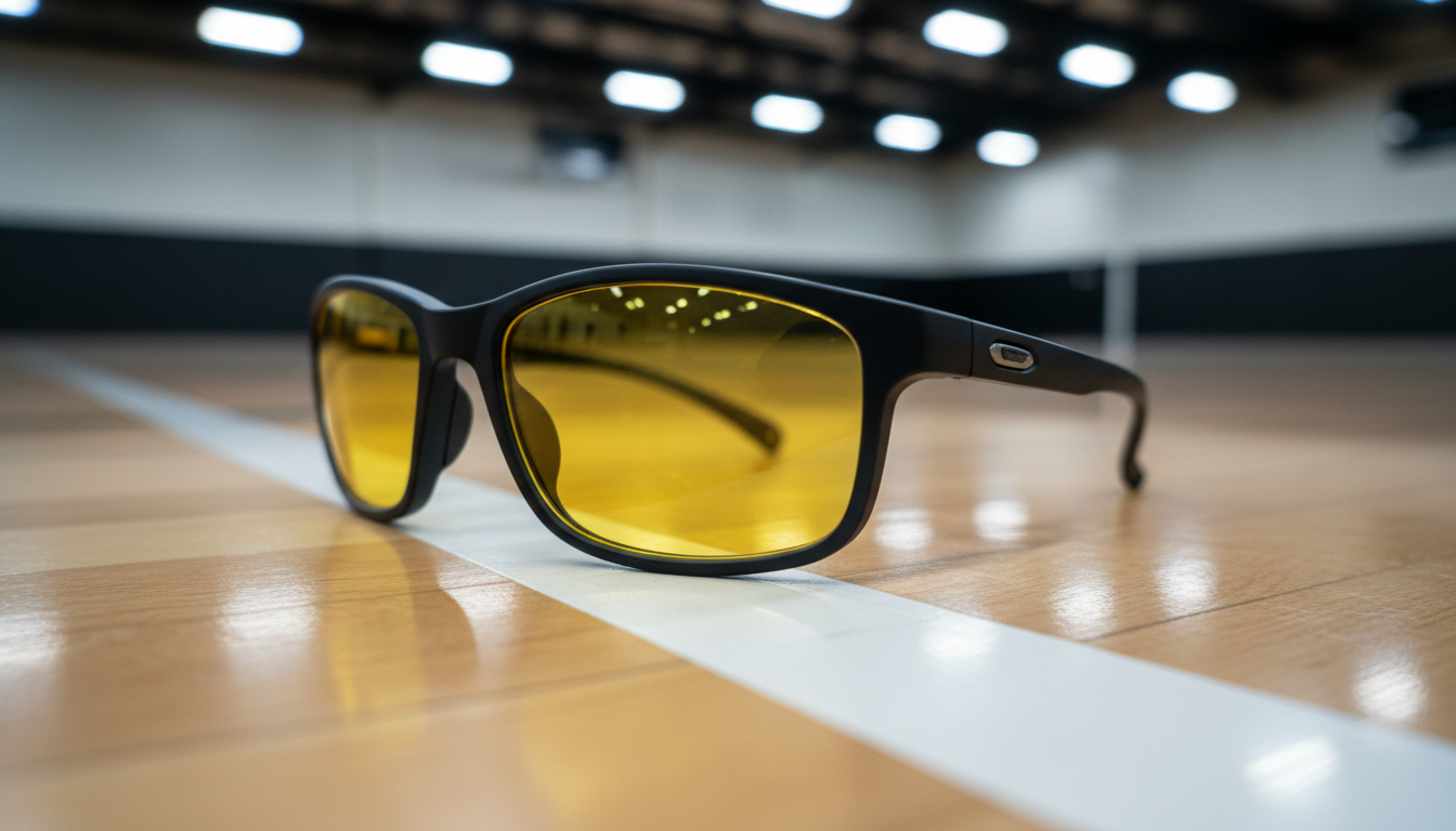 Indoor pickleball glasses with yellow-tinted lenses on gym court