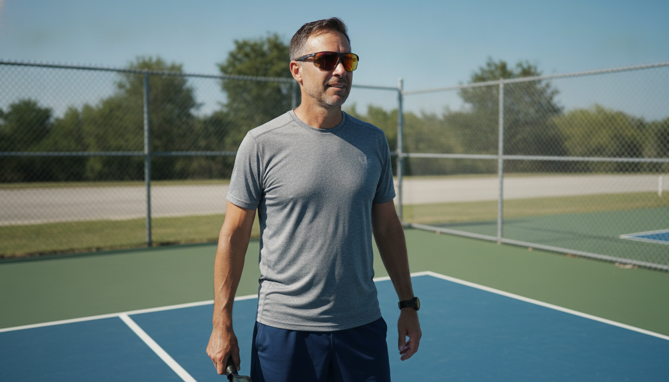 Male pickleball player wearing amber-tinted athletic sunglasses on an outdoor court in bright sunlight