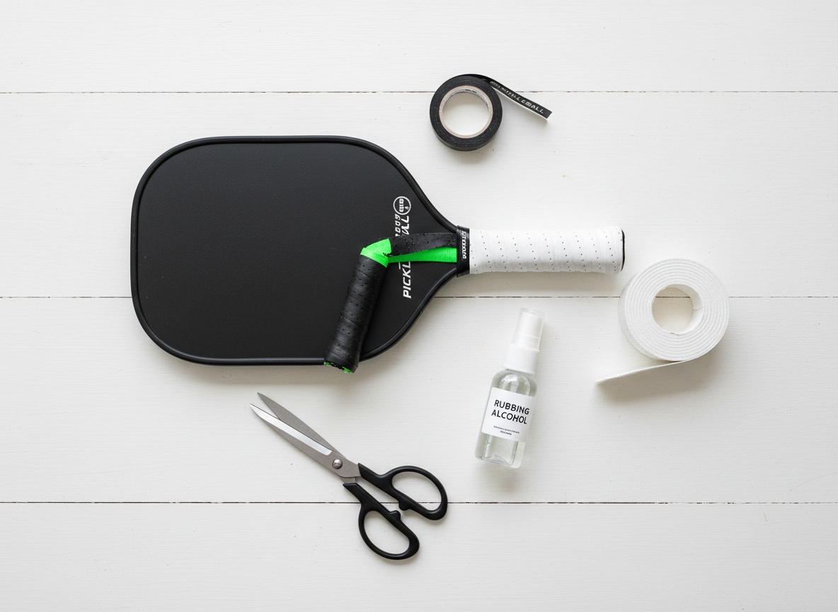 Pickleball paddle grip replacement supplies: new grip roll, scissors, finishing tape, and paddle with old grip partially removed