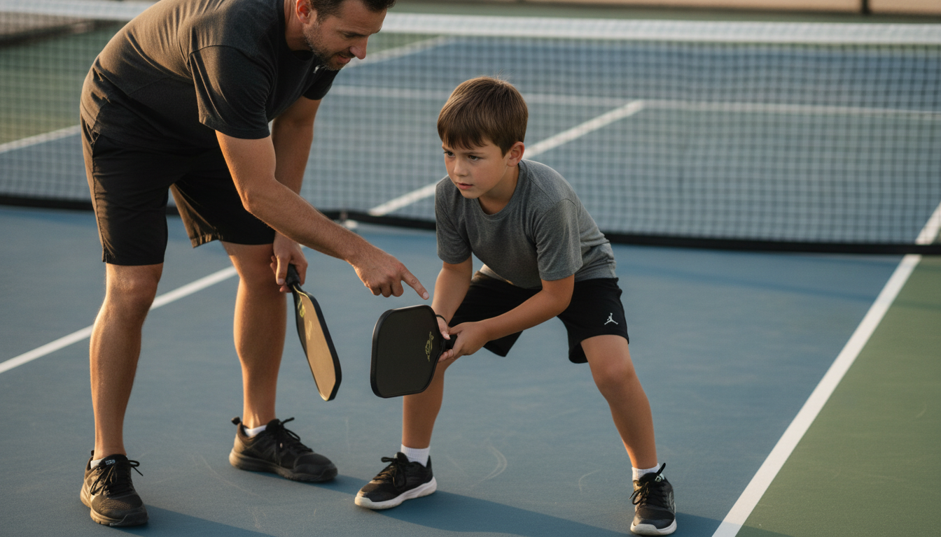 Youth pickleball player practicing at the non-volley zone line with a coach during a junior training session